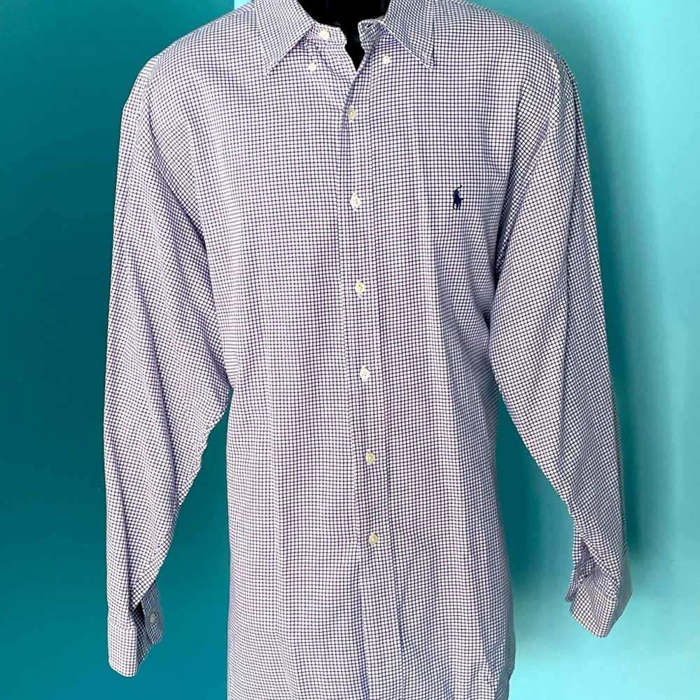 Ralph Lauren Button Up Long Sleeve Mens 17.5-34 Purple Sm. Glen Check Print. 🔥